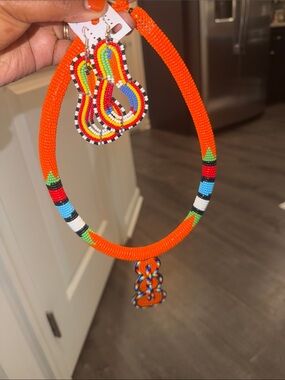 Handmade Orange Beaded Necklace & Earring Set by masai tribe women